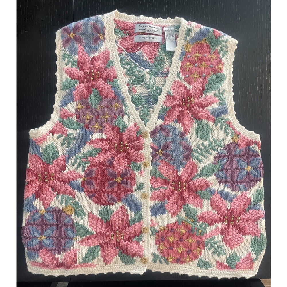 VTG Signatures Northern Isle Sweater Vest Women Large Floral Hand Knit